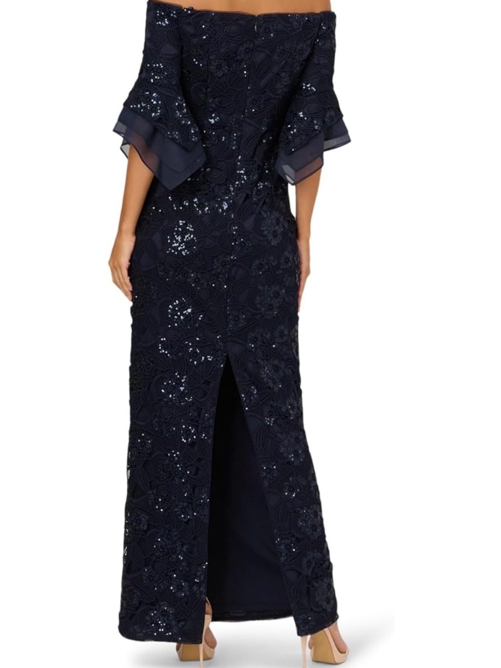 Adrianna Papell Navy Off-Shoulder Sequin Lace Gown - Picture 7 of 8